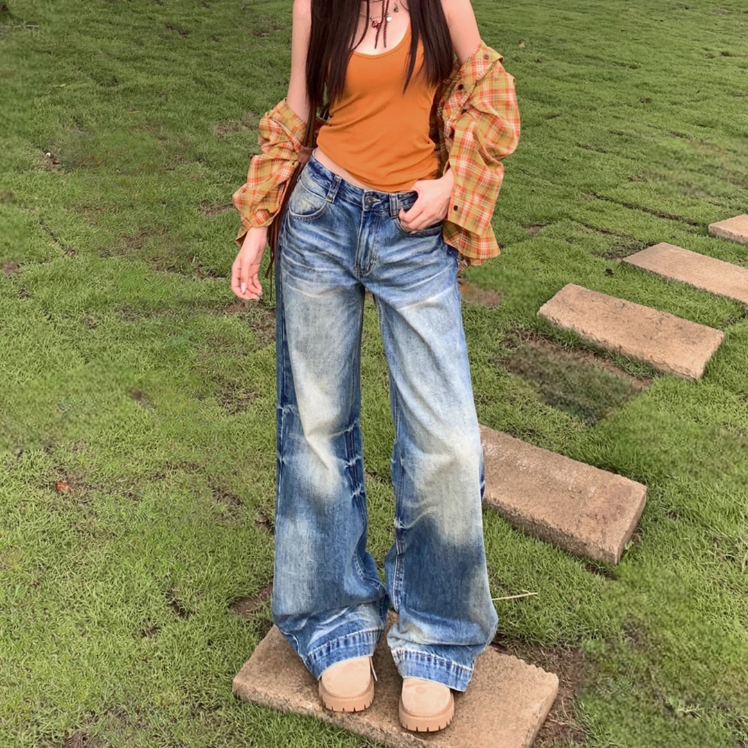 美式复古水洗做旧牛仔裤女2025年新款宽松显瘦直筒阔腿裤拖地裤子