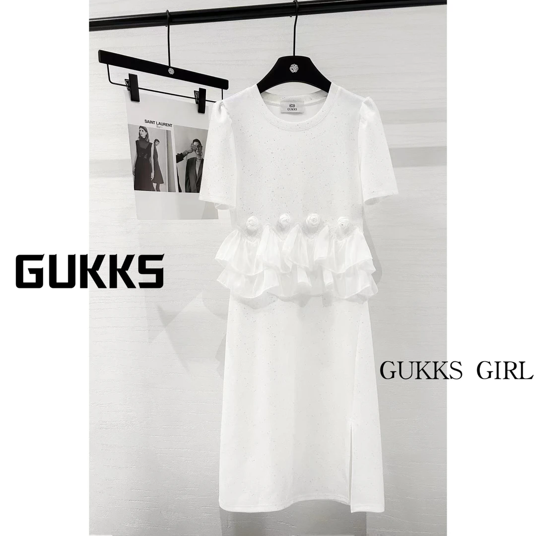 GUKKS夏季重工设计感褶皱花边气质显瘦气质连衣裙GK246