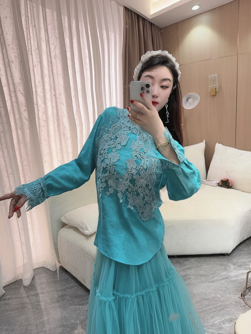 DC【丝丝如梦】长袖打底蕾丝时尚休闲轻奢蓝色气质打底上衣