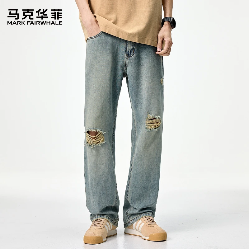马克华菲莱赛尔天丝破洞牛仔裤男士夏季薄款宽松直筒美式复古裤子