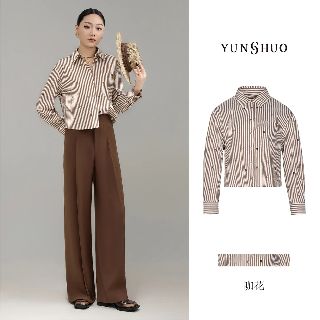 允硕新品琥珀复古风百搭条纹女装休闲简约透气印花衬衫上衣339806