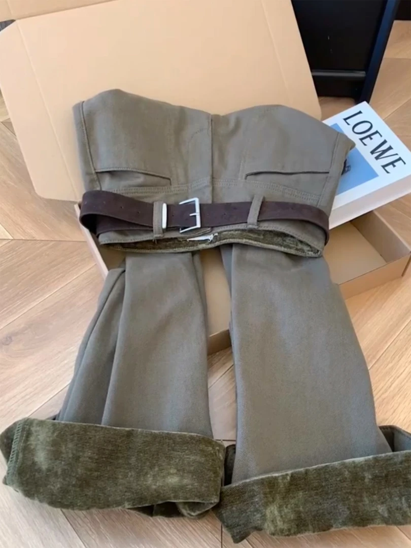 2025年秋冬新款复古风卡其色配腰带直筒裤女宽松显瘦阔腿长裤潮