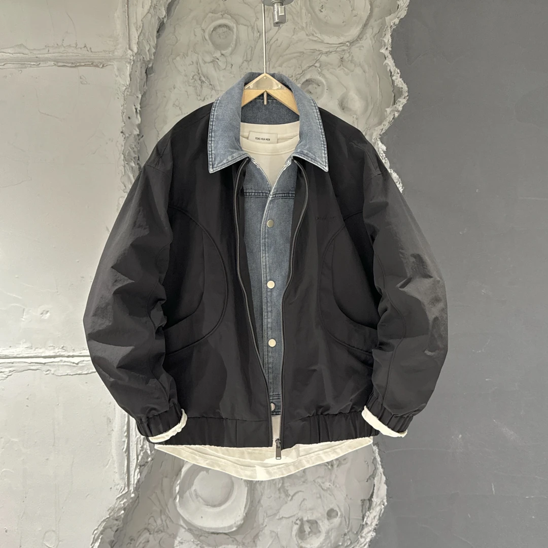 春季牛仔拼接假两件外套男士潮流痞帅翻领工装夹克休闲衬衫领上衣