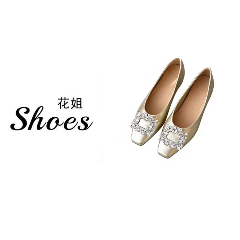 Sy5921-2新款内增高-平底银色高级感方头水钻单鞋女鞋子通勤豆鞋