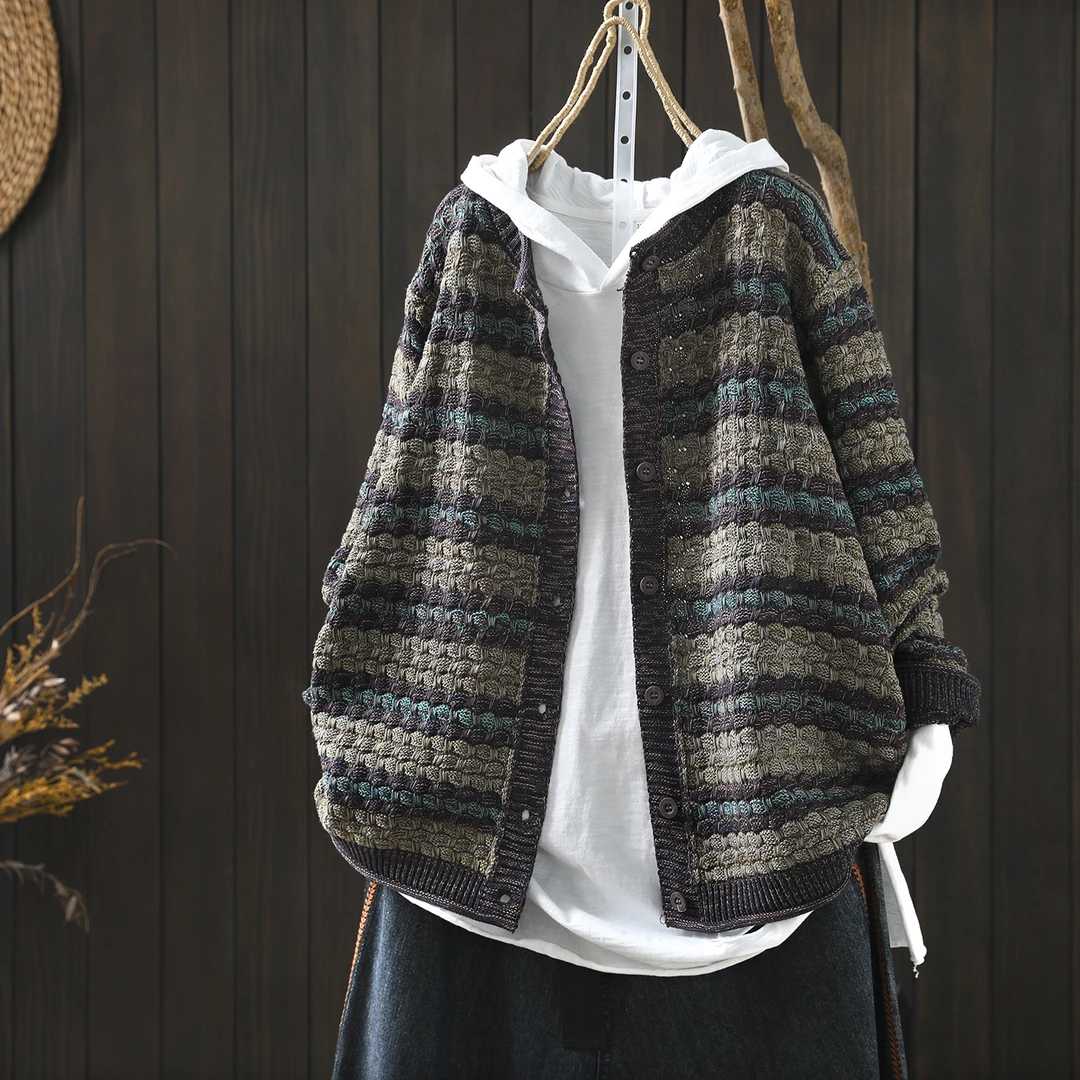 独特漂亮巨好看上衣女春季2026新款复古条纹棉线针织休闲轻熟开衫