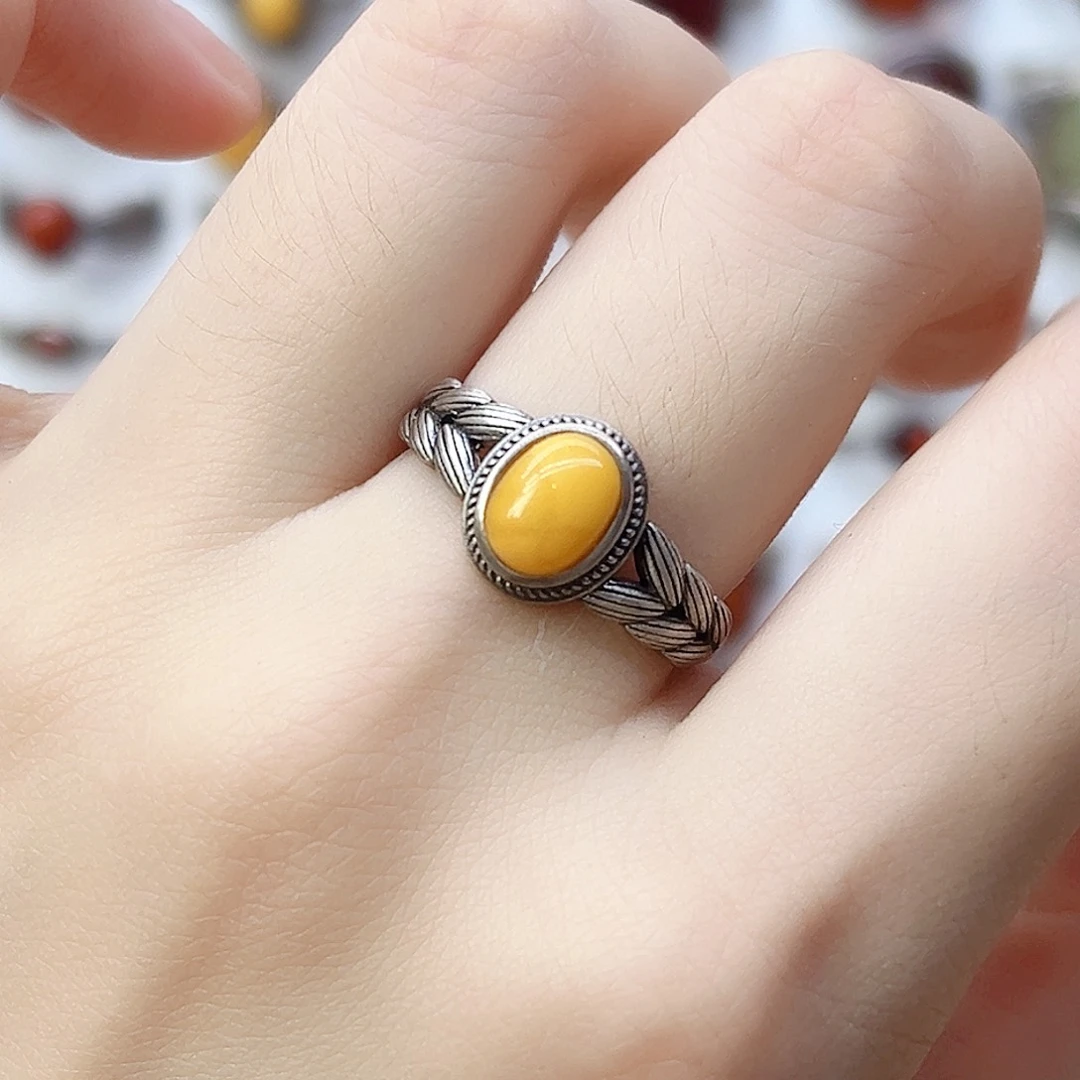 蜜蜡银S925镶嵌戒指，