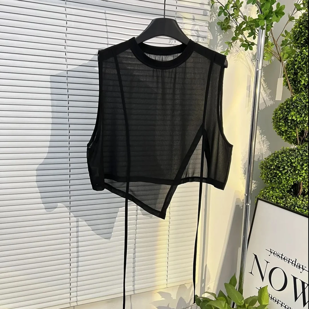 欧货洋气网纱上衣女2025夏季新款显瘦圆领不规则雪纺无袖背心马夹