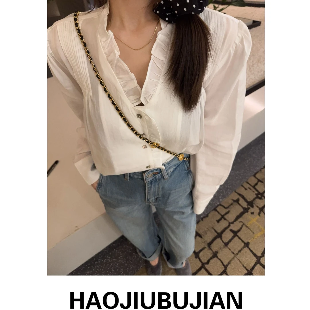 好久不见春款白色系扣花边衬衫