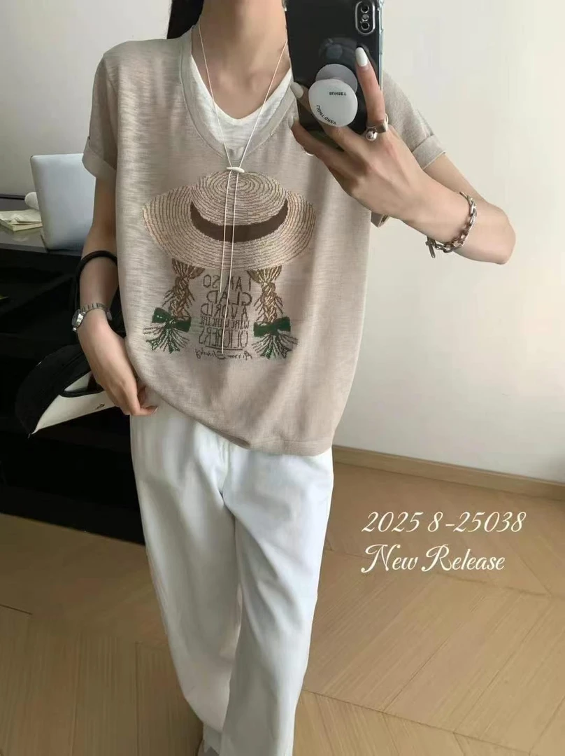 8829夏季新款假两件针织衫休闲百搭显瘦减龄短袖套头衫