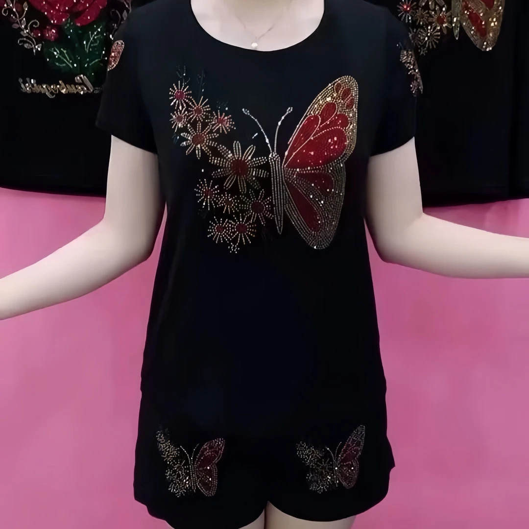 2025夏季新款重工烫钻短裤套装时尚显瘦网红短袖休闲两件套女百搭