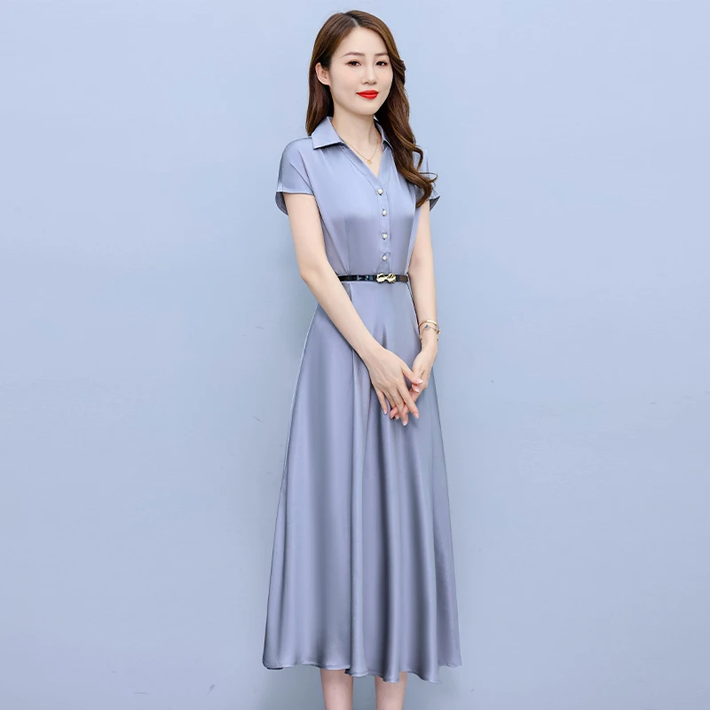 高档短袖真丝连衣裙2025新款夏季长款收腰显瘦洋气纯色大摆长裙子