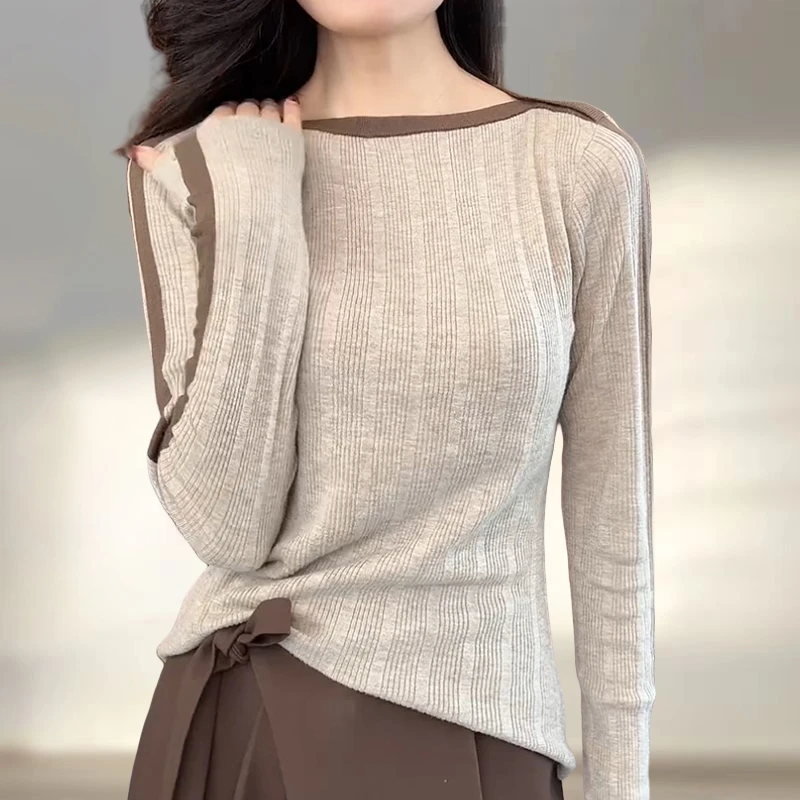 拼接撞色新款针织长袖上衣女秋冬套头薄款小外搭独特漂亮小衫T恤