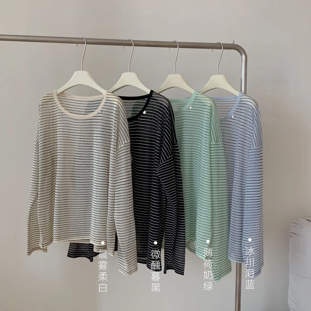 ins慵懒风，天丝亚麻条纹防晒衫A246111