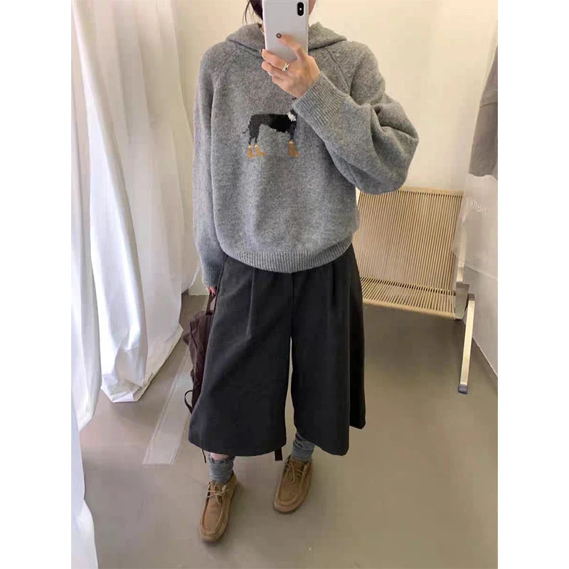 冬季新款简约韩系百搭减龄卡通小狗连帽套头毛衣女针织衫帽衫女