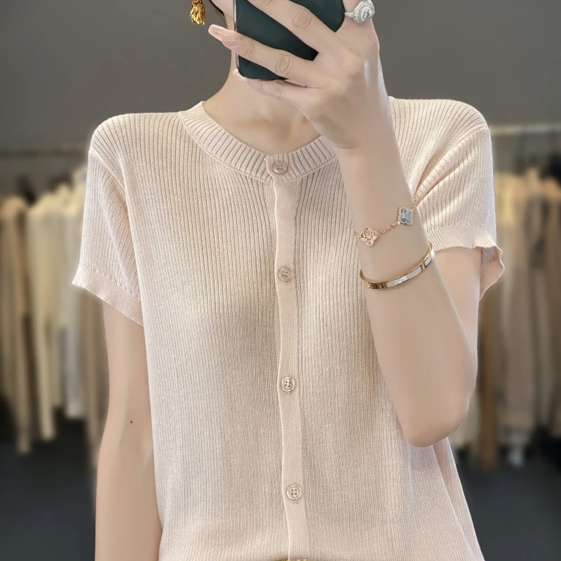 爆款莱赛尔天丝短袖t恤气质轻薄显瘦针织短袖开衫高端百搭圆领