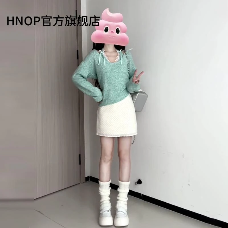 日系复古绿色针织衫上衣女秋冬2025新款小个子半身短裙两件套装裙
