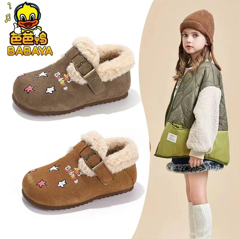 芭芭鸭勃肯鞋2025秋冬女童保暖全包厚底毛毛棉鞋女孩软底休闲鞋