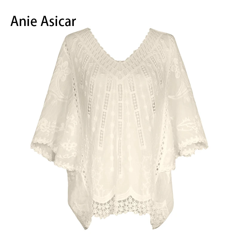 【现货】 Y1365 法式蕾丝钩花镂空V领外搭罩衫女夏蝙蝠袖中长款上衣