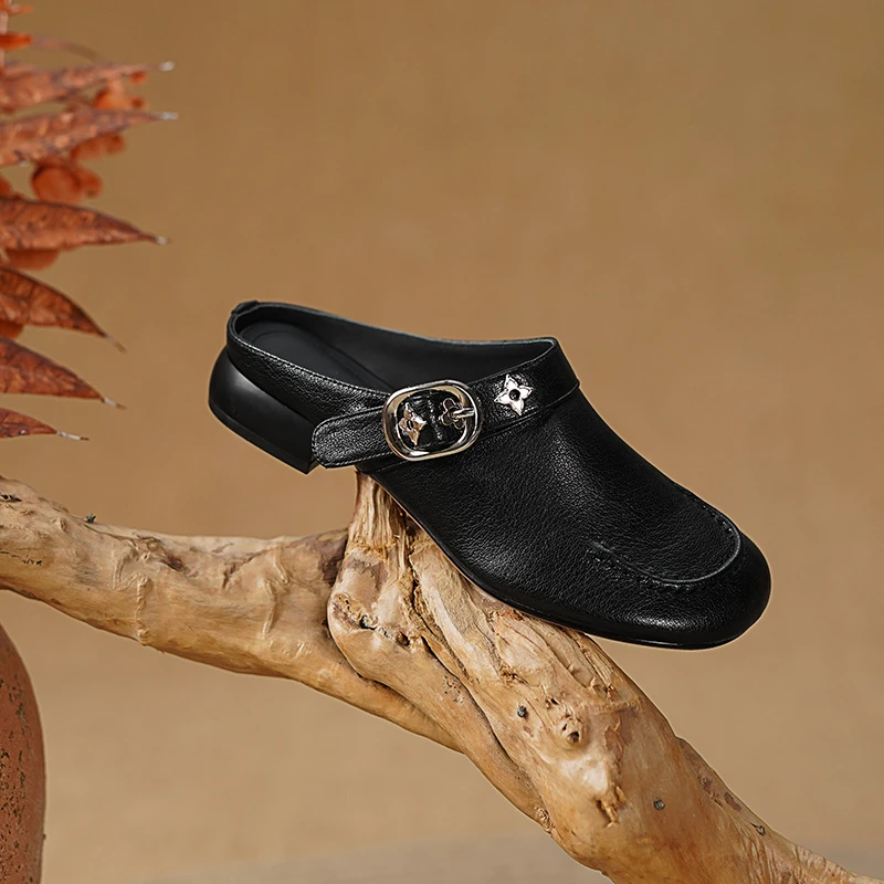 2.5cm/法式粗跟皮拖鞋女时尚外穿春夏新款舒适大圆头低跟穆勒鞋女