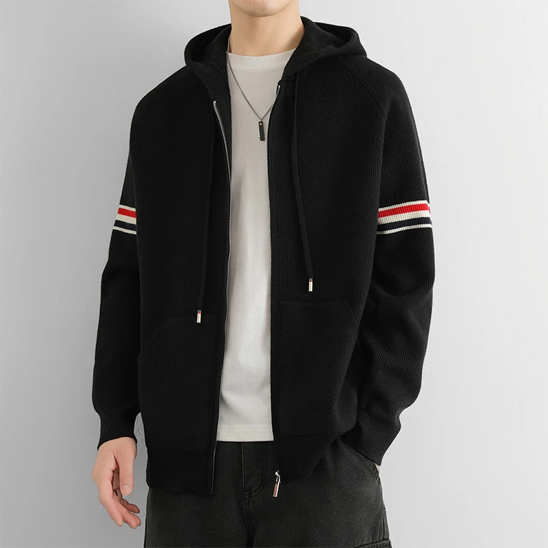 针织开衫外套连帽男士春秋款宽松毛衣夹克加厚高品质拉链羊毛衫男