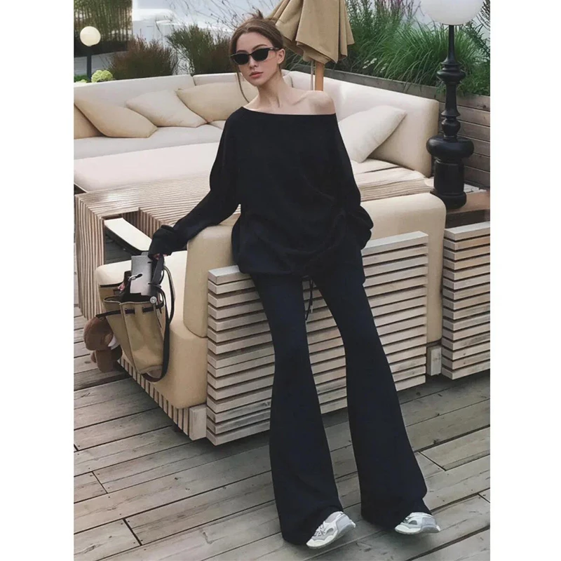 慵懒感黑色斜肩卫衣运动套装女2025秋装美式休闲一字领上衣两件套