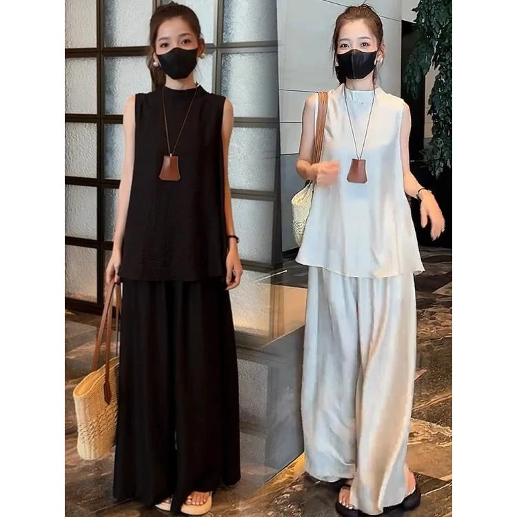 时尚气质套装女2025夏季新款洋气宽松显瘦无袖上衣阔腿裤两件套潮