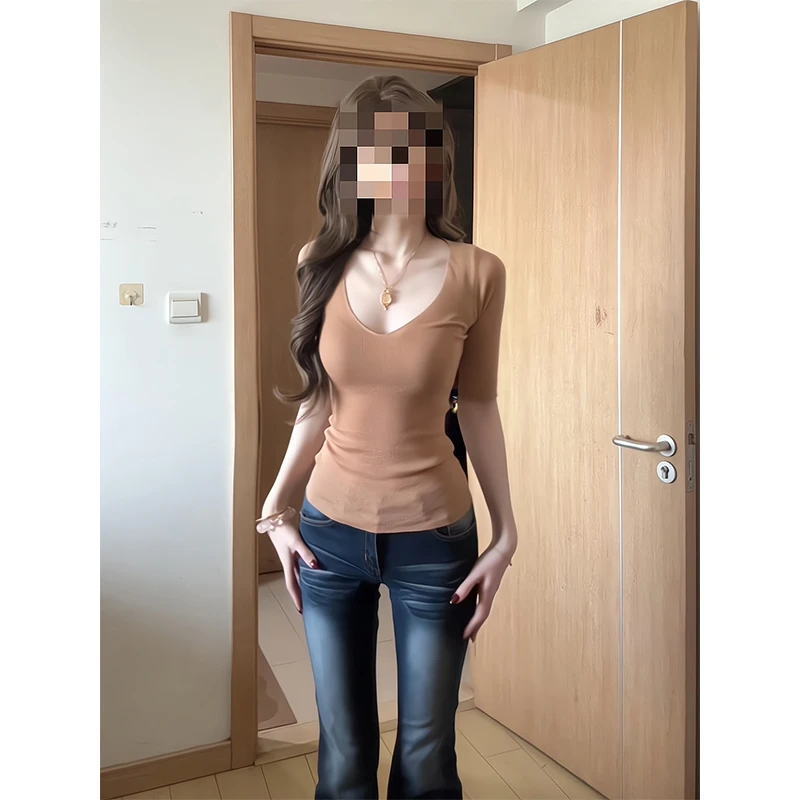 2025新款女士秋季法式V领中袖打底衫修身高级感针织衫上衣牛仔裤
