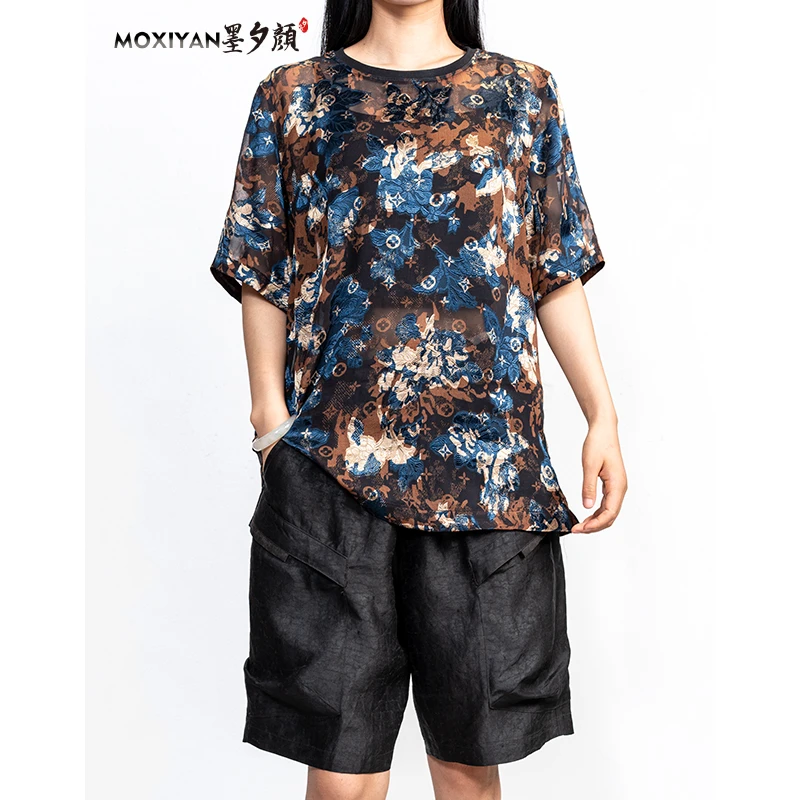 【墨夕颜】2025新款桑蚕丝男装 苏幕遮烧花剪花短袖两件套-MH-887-T