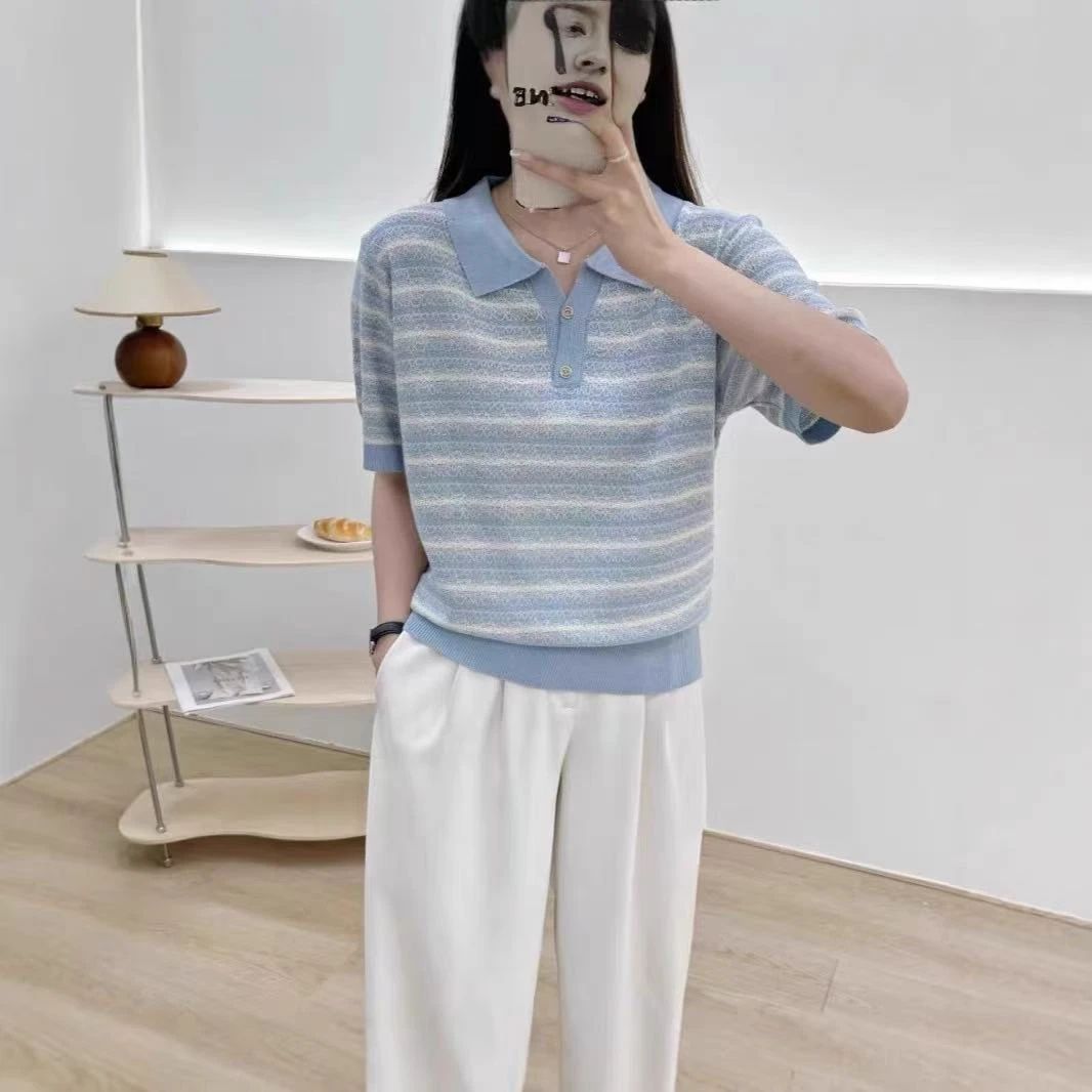 夏季时尚百搭莱赛尔天丝小方领条纹减龄短袖上衣324