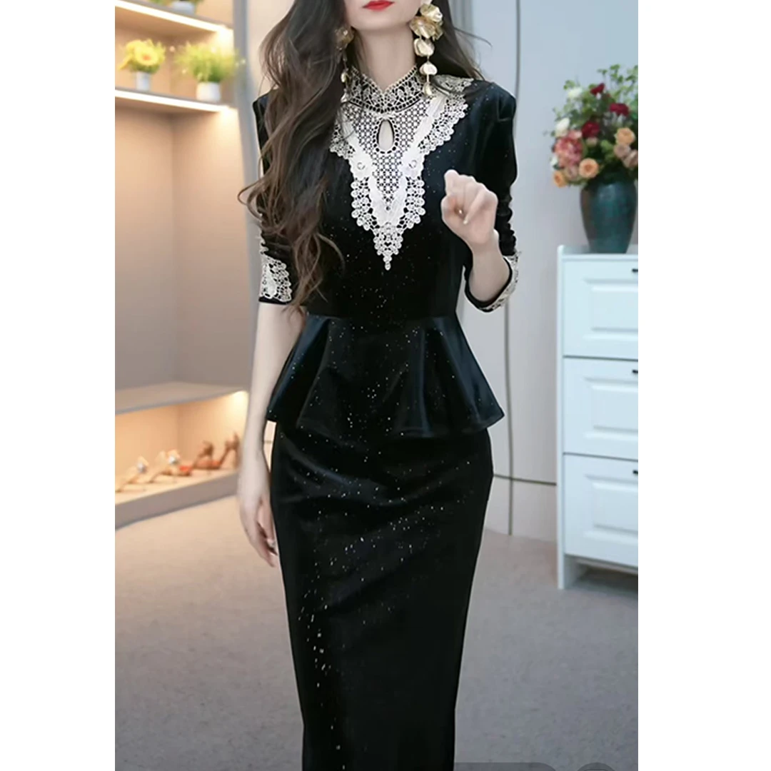 YY黑色丝绒连衣裙女新款轻奢高级感晚礼服法式气质修身长裙3281