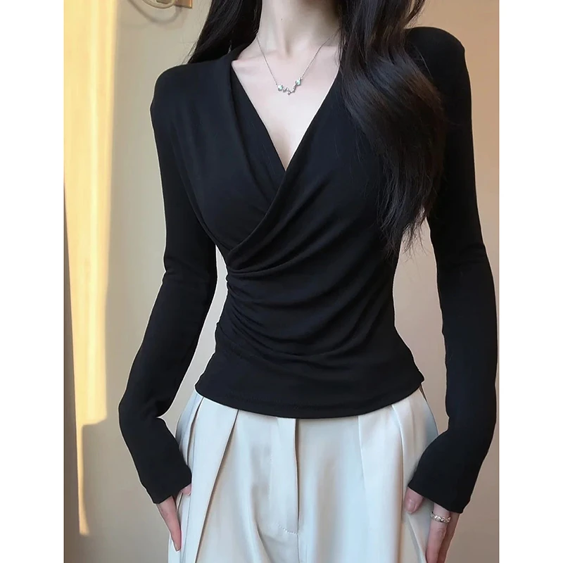 保暖黑色交叉v领长袖t恤女秋冬胖mm收腰遮肚子内搭德绒打底衫上衣