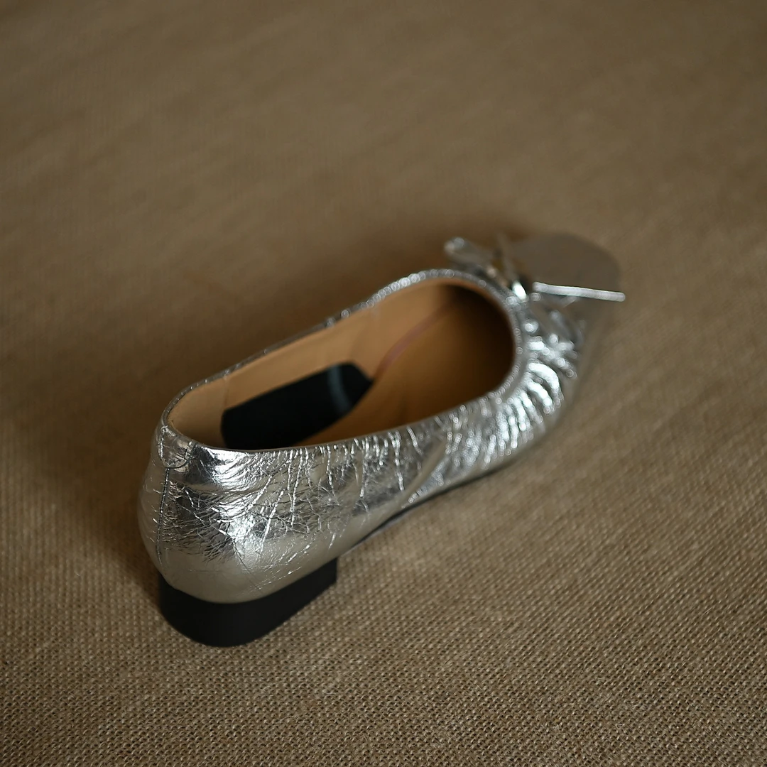 头层牛皮银色单鞋女平底鞋 2025新款蝴蝶结浅口低帮鞋女鞋