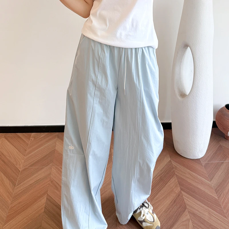 冰爽速干刺绣字母阔腿工装裤女夏季新款松紧腰抽绳束脚休闲裤