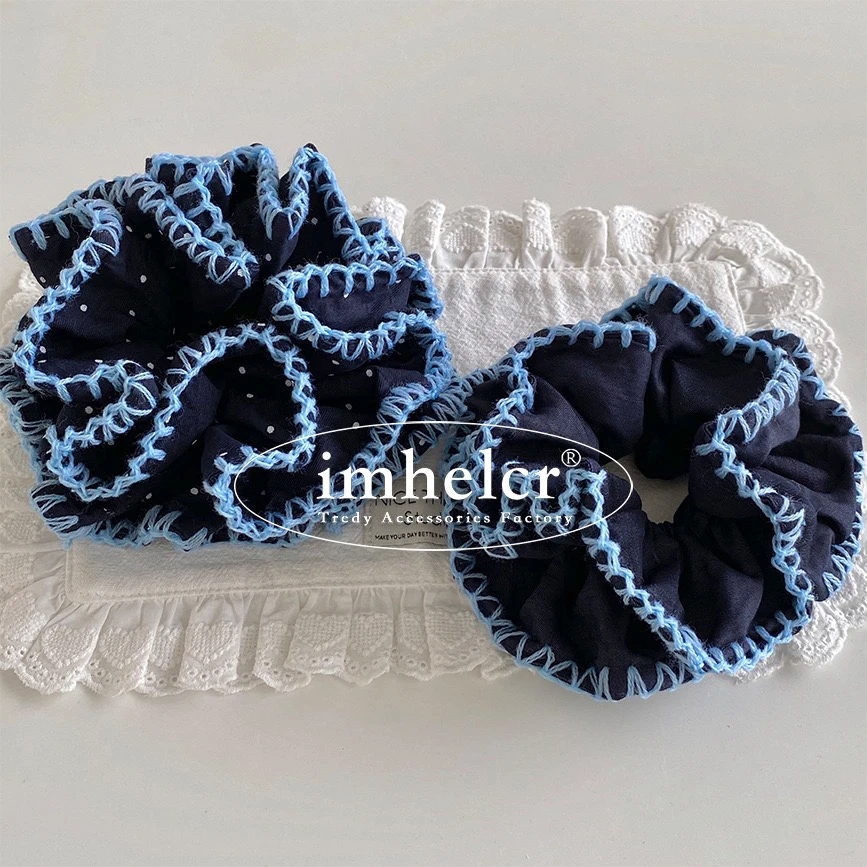 韩系定制手工发圈重工波点针织花边藏蓝发圈小众双层肠圈发绳女