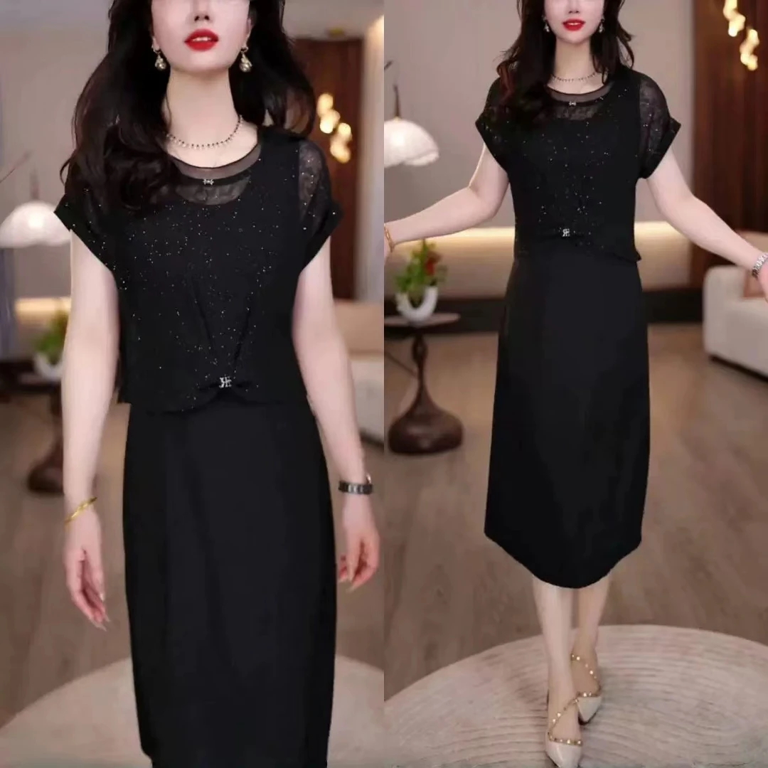 【T09】2025夏款时尚气质套装女显瘦薄款短袖罩衫无袖连衣裙两件套