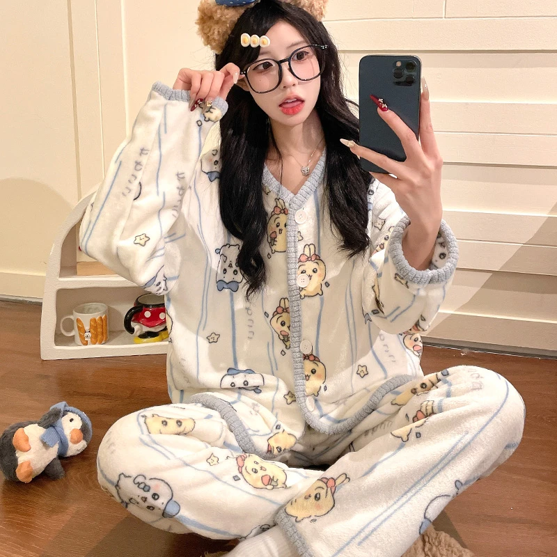 冬季睡衣女士长袖法兰绒条纹卡通开衫加绒加厚保暖套装休闲家居服
