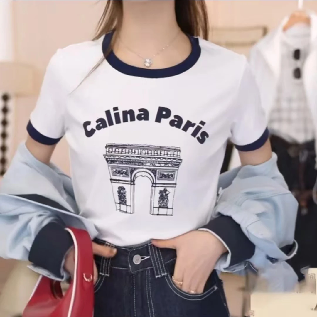 2025【懒人T】新款春季撞色边圆领字母印花T恤显瘦白色洋气时尚