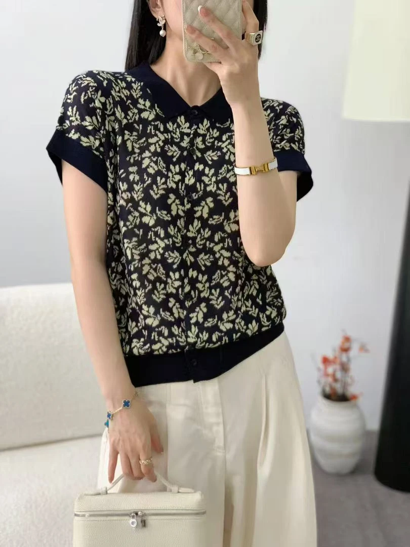 #175【涵宇】2025夏季新款女装时尚翻领短袖树叶提花百搭针织开衫