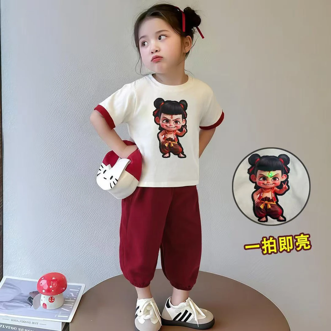爆款哪吒套装休闲风童装夏装夏季套装短袖七分裤时尚两件套