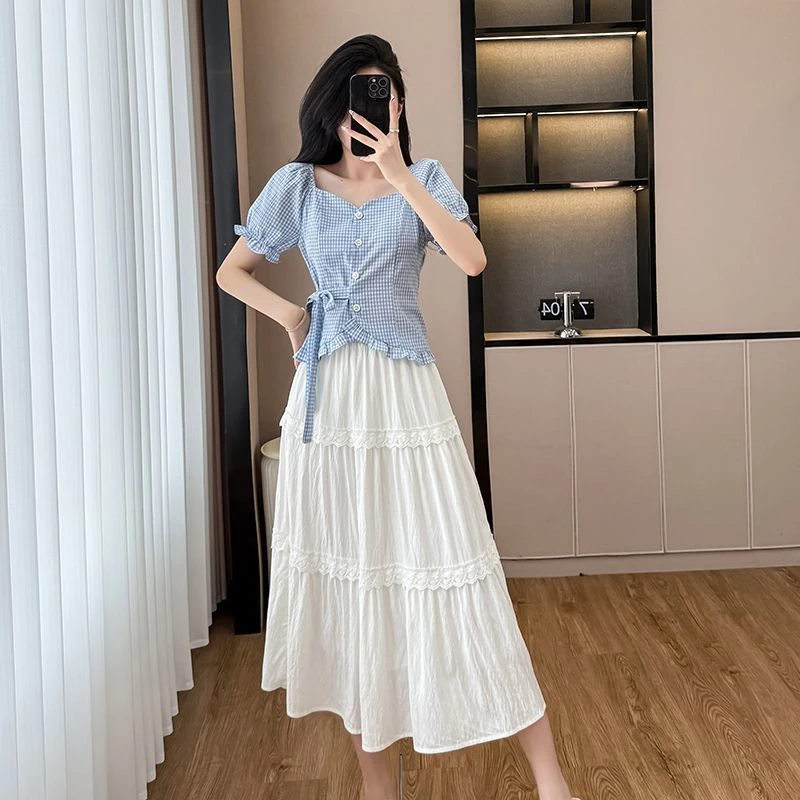 小香风系带短袖格子衬衫套装女夏季2025新款蕾丝白色蛋糕裙两件套