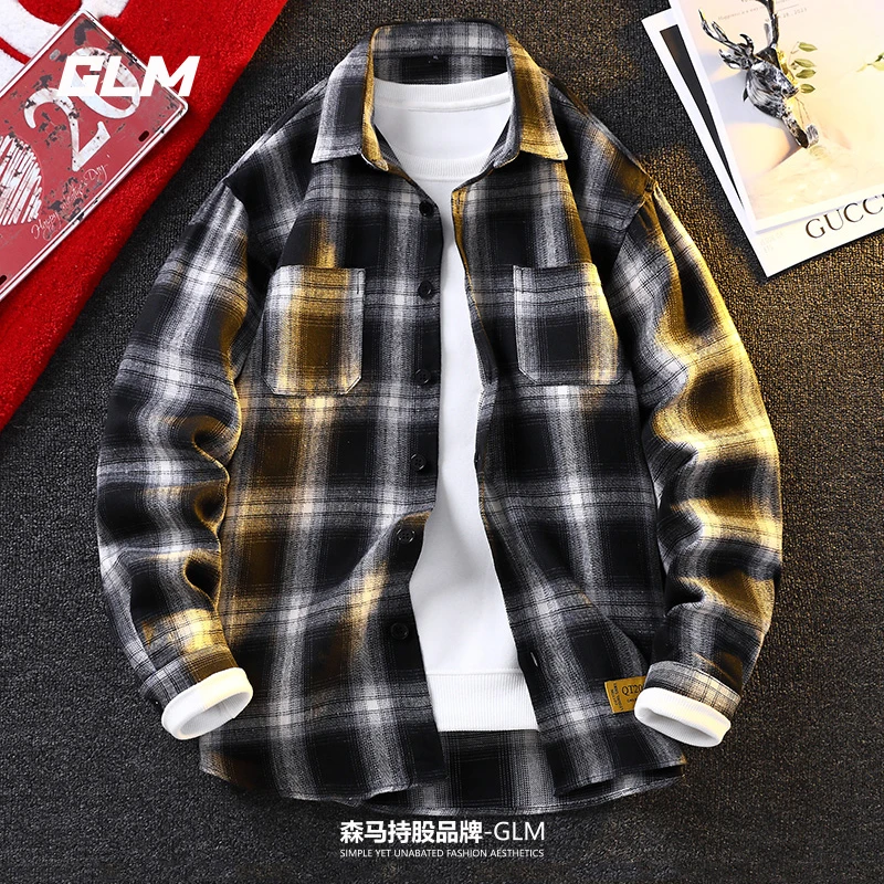 GLM双口袋格子衬衫男春秋季潮牌复古痞帅青少年百搭休闲长袖衬衣