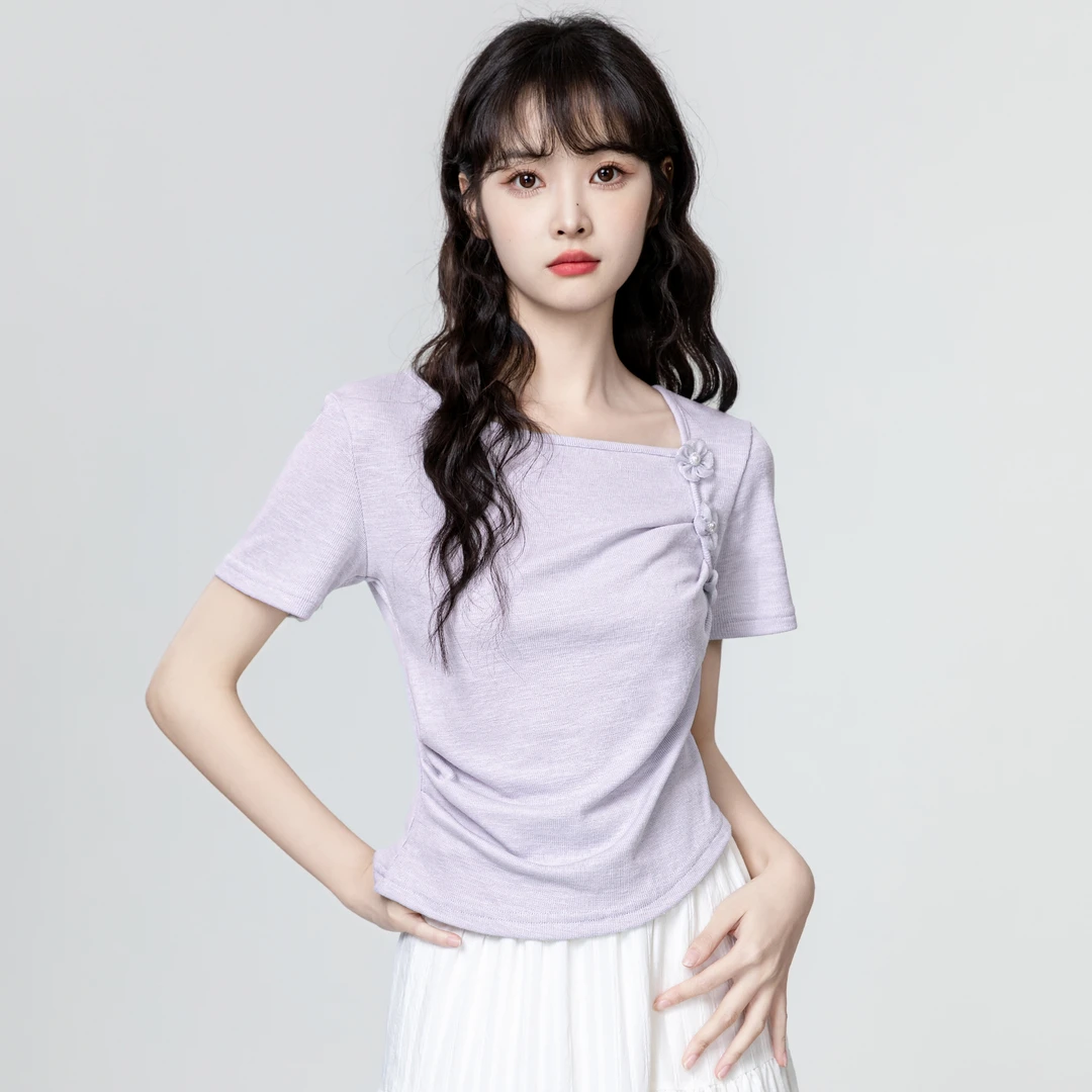 紫色方领短袖T恤女夏2025夏季新款不规则立体花朵正肩体恤短上衣