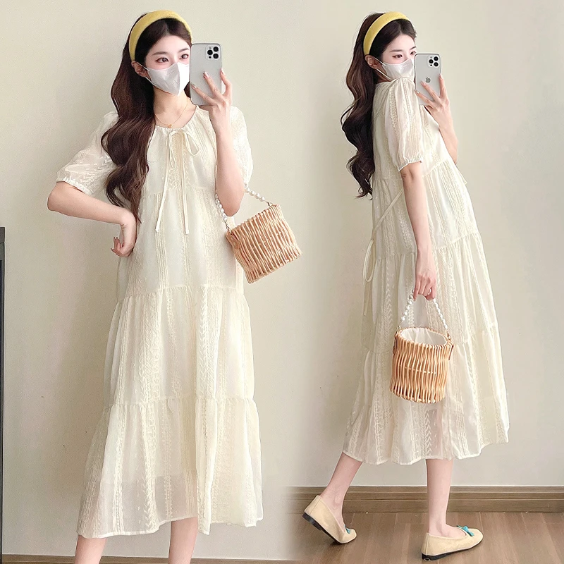 现货2025孕妇装夏季新款蕾丝提花刺绣中长款气质孕妇连衣裙