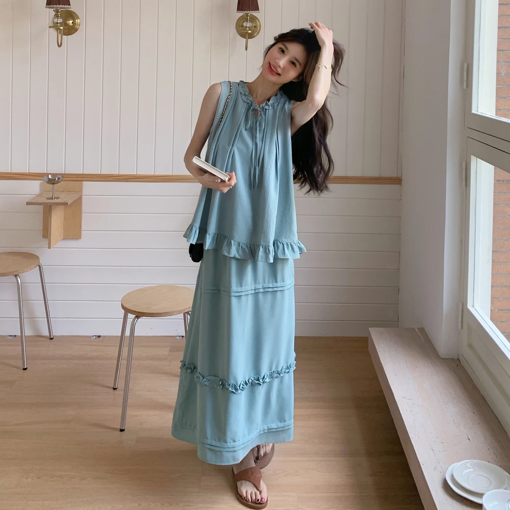 2025夏季新款度假风套装裙女时尚背心上衣木耳边拼接半身裙两件套