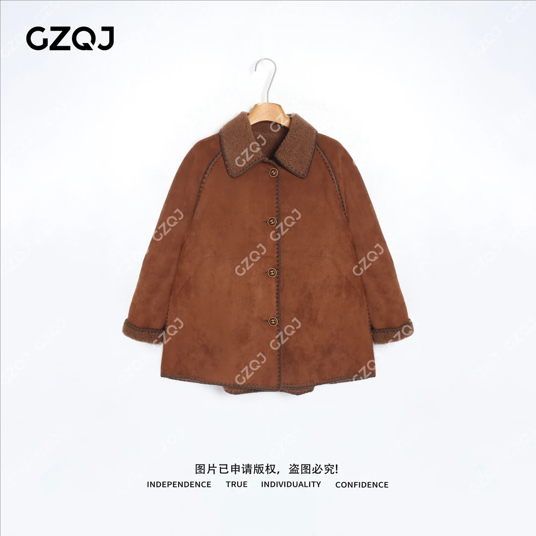 老琴私服【旧时光絮】100绵羊毛拼接麂皮绒翻领外套女冬季新款 2004
