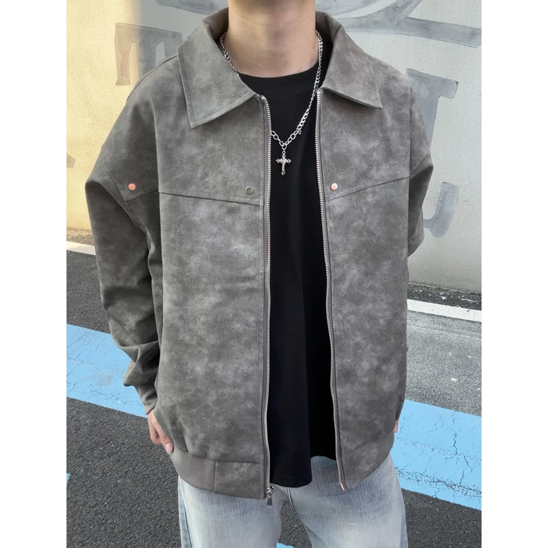 美式复古皮衣外套男款秋季cleanfit扎染夹克潮牌高级感痞帅上衣服
