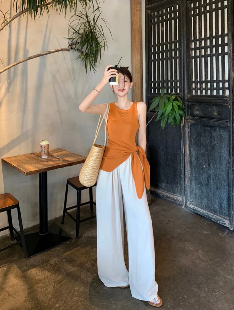 设计感不规则收腰系带背心女夏季度假风辣妹修身外穿无袖针织上衣