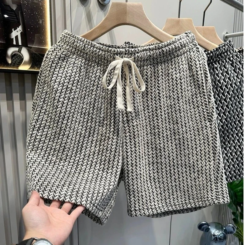 轻奢潮牌千鸟格短裤男士宽松五分中裤沙滩裤复古休闲裤夏季运动裤