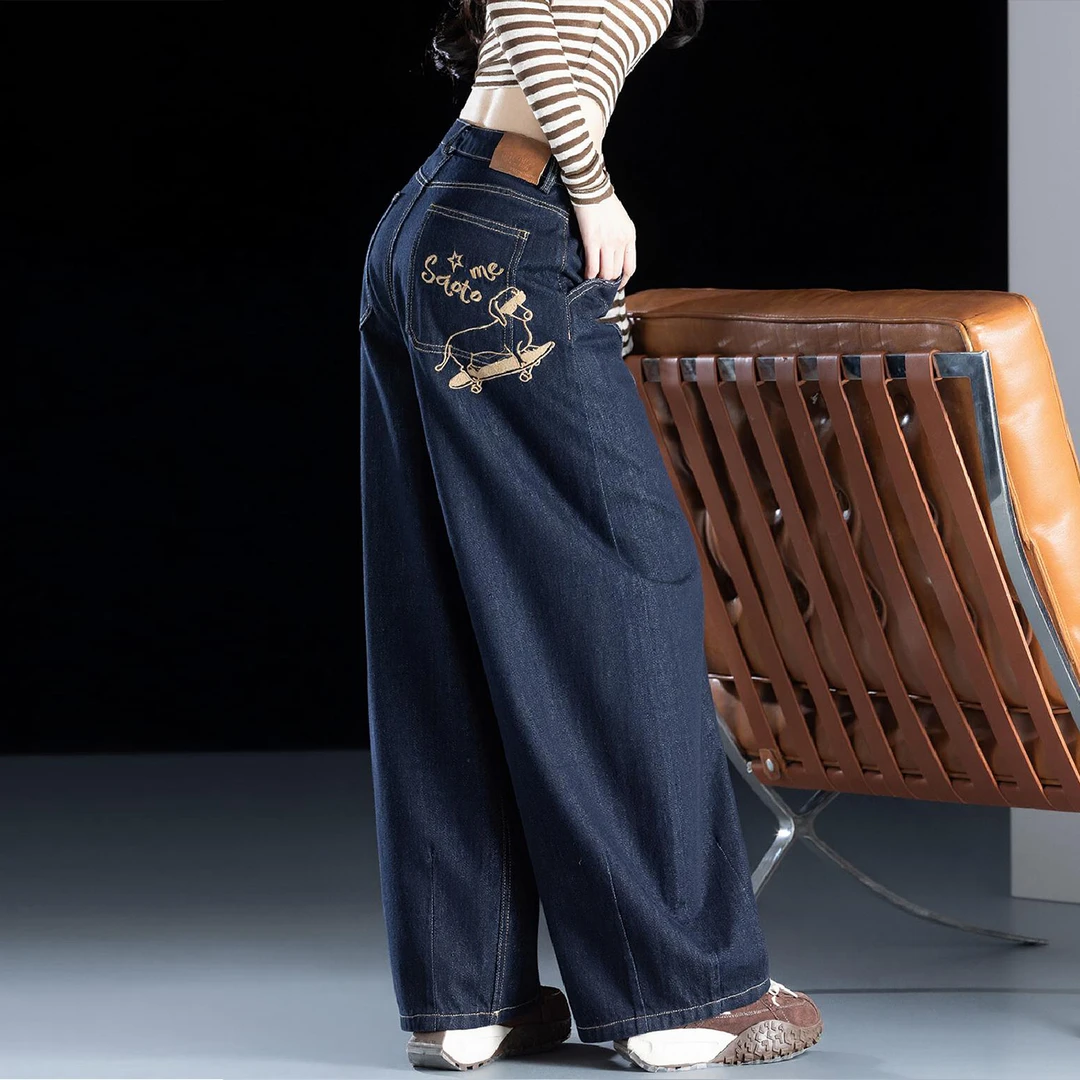 小众刺绣牛仔裤女款爆款2025新款秋冬流行加绒裤子宽松阔腿弯刀裤
