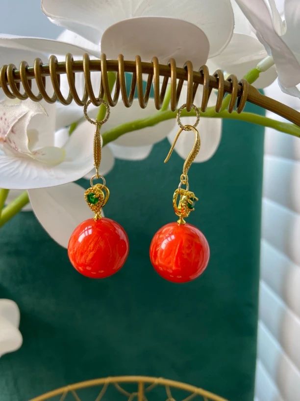 合金树脂耳饰 桔红色大珠耳饰百搭